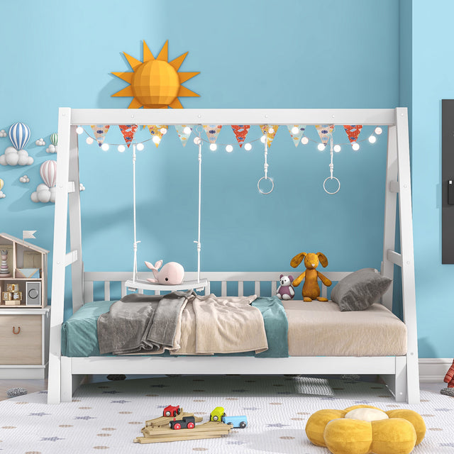 Extendable Twin Daybed with Swing and Ring Handles, White(Twin bed can be pulled out to be King)