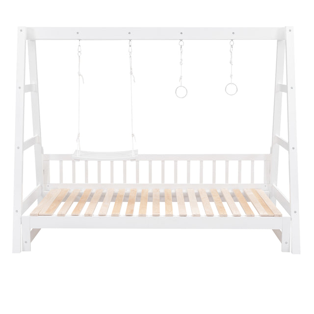 Extendable Twin Daybed with Swing and Ring Handles, White(Twin bed can be pulled out to be King)