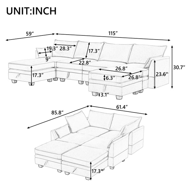 U_Style Modern Large U-Shape Modular Sectional Sofa, Convertible Sofa Bed with Reversible Chaise for Living Room, Storage Seat