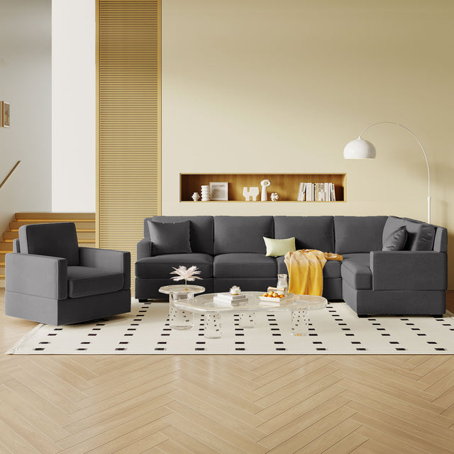U_Style Sofa Set with Sectional Modular Sofa and Swivel Accent Chair, 2 Tossing cushions and Solid Frame for Living Room