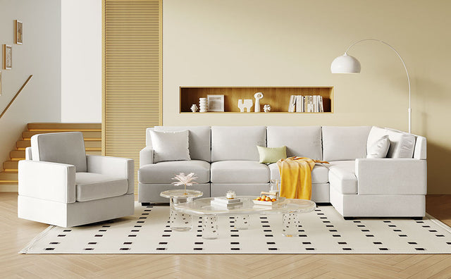 U_Style Sofa Set with Sectional Modular Sofa and Swivel Accent Chair, 2 Tossing cushions and Solid Frame for Living Room