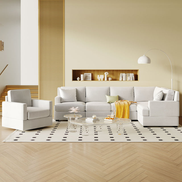 U_Style Sofa Set with Sectional Modular Sofa and Swivel Accent Chair, 2 Tossing cushions and Solid Frame for Living Room