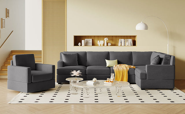 U_Style Sofa Set with Sectional Modular Sofa and Swivel Accent Chair, 2 Tossing cushions and Solid Frame for Living Room