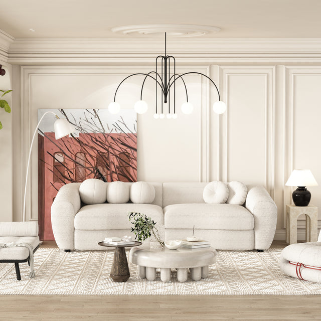 U-Style 87.7" Modern Curved Sofa, Back Upholstered Couch with 5 Decorative Throw Pillows, Teddy Fabric Couch for Living Room, Office, Apartment