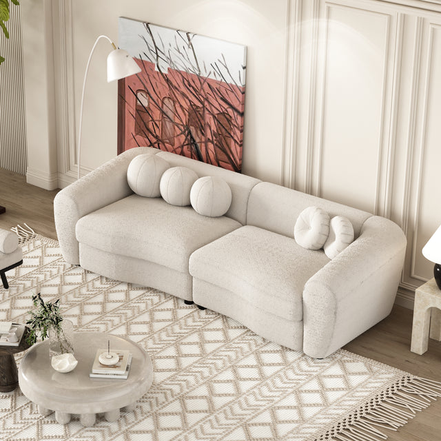 U-Style 87.7" Modern Curved Sofa, Back Upholstered Couch with 5 Decorative Throw Pillows, Teddy Fabric Couch for Living Room, Office, Apartment