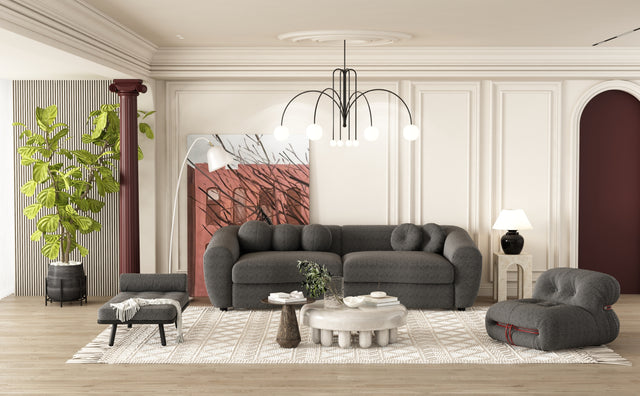 U-Style 87.7" Modern Curved Sofa, Back Upholstered Couch with 5 Decorative Throw Pillows, Teddy Fabric Couch for Living Room, Office, Apartment