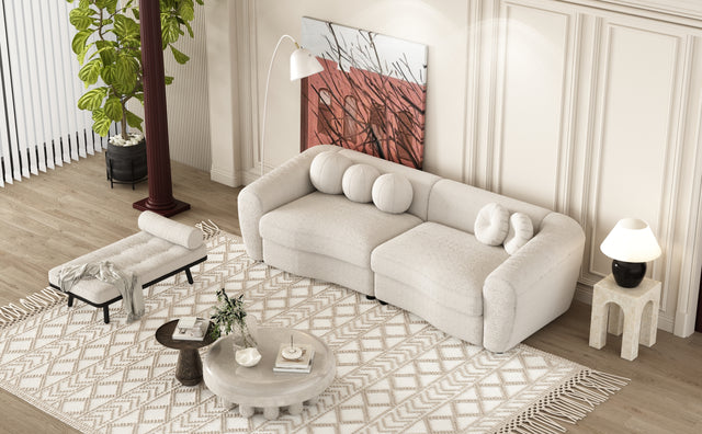 U-Style 87.7" Modern Curved Sofa, Back Upholstered Couch with 5 Decorative Throw Pillows, Teddy Fabric Couch for Living Room, Office, Apartment