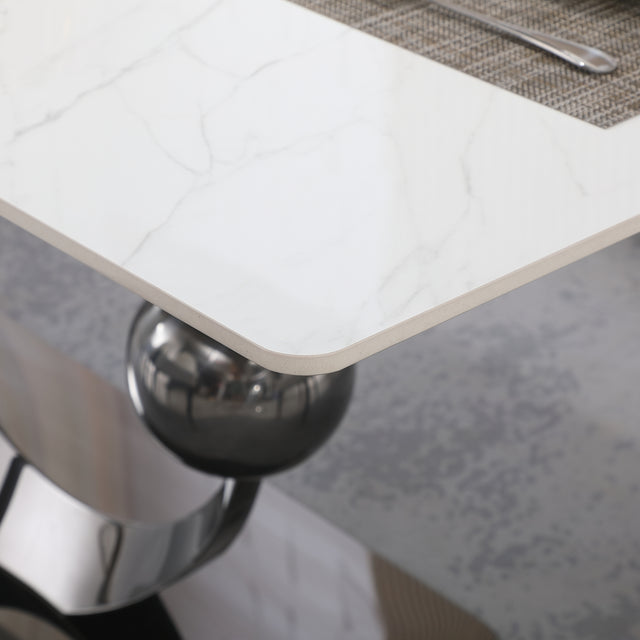 71-Inch Stone DiningTable with Carrara White color and Round special shape carbon steel Pedestal Base with 6PCS Chairs