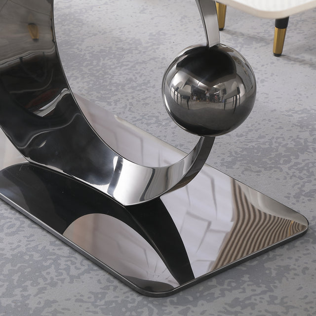 71-Inch Stone DiningTable with Carrara White color and Round special shape carbon steel Pedestal Base with 6PCS Chairs