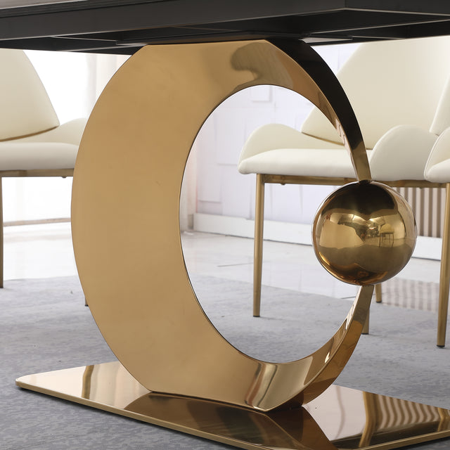 71-Inch Stone DiningTable with Carrara White color and Round special shape carbon steel Pedestal Base with 6PCS Chairs