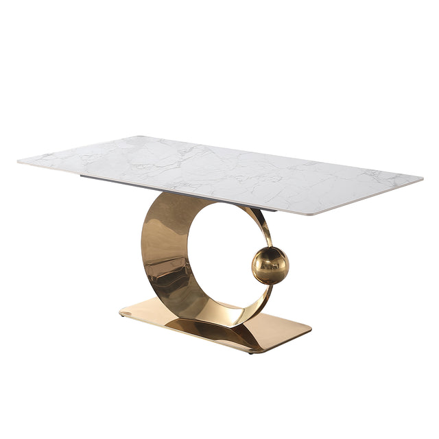 71-Inch Stone DiningTable with Carrara White color and Round special shape carbon steel Pedestal Base with 6PCS Chairs