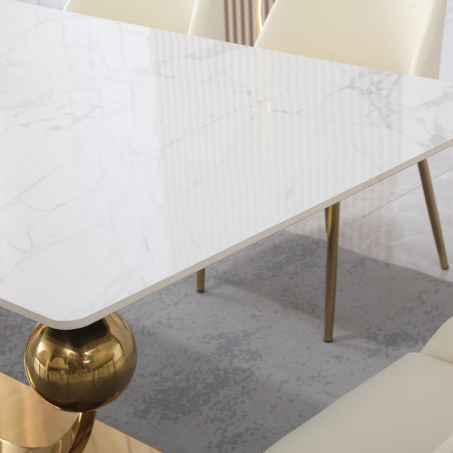 71-Inch Stone DiningTable with Carrara White color and Round special shape stainless steel Gold Pedestal Base