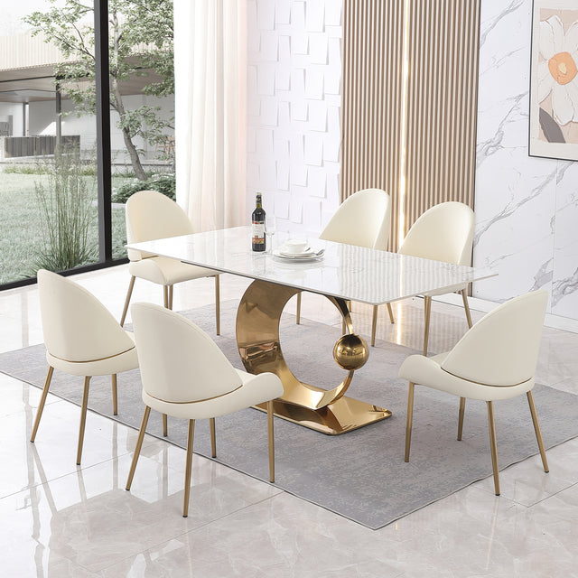 71-Inch Stone DiningTable with Carrara White color and Round special shape carbon steel Pedestal Base with 6PCS Chairs