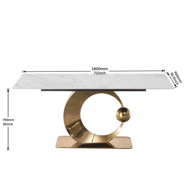 71-Inch Stone DiningTable with Carrara White color and Round special shape carbon steel Pedestal Base with 6PCS Chairs