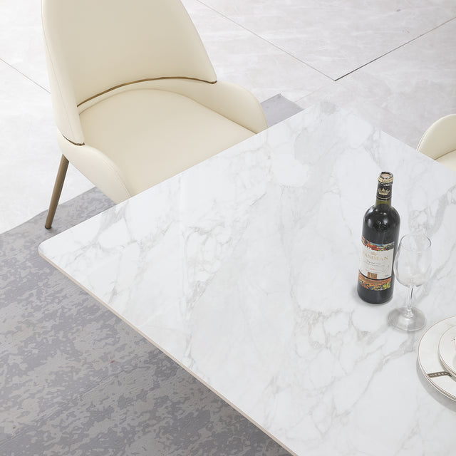 71-Inch Stone DiningTable with Carrara White color and Round special shape carbon steel Pedestal Base with 6PCS Chairs