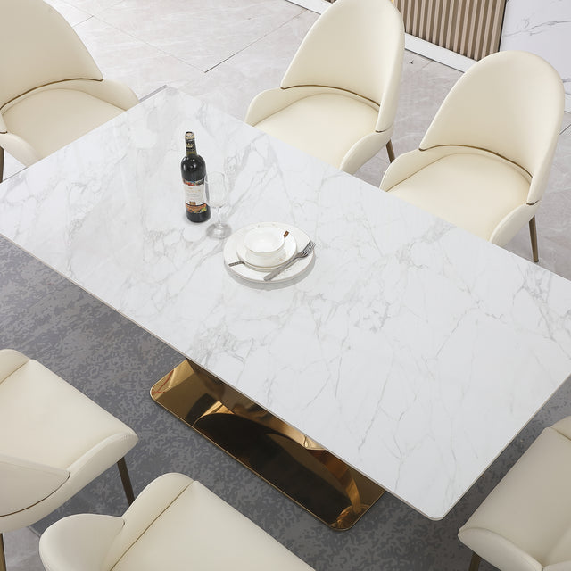 71-Inch Stone DiningTable with Carrara White color and Round special shape carbon steel Pedestal Base with 6PCS Chairs