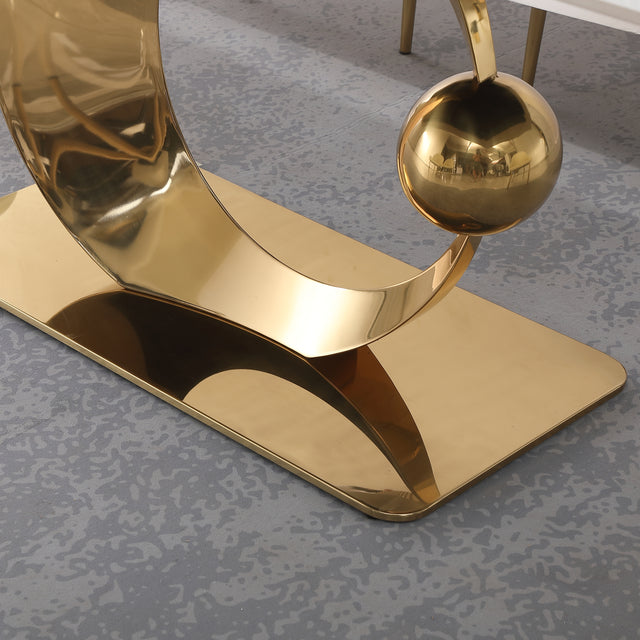 71-Inch Stone DiningTable with Carrara White color and Round special shape stainless steel Gold Pedestal Base