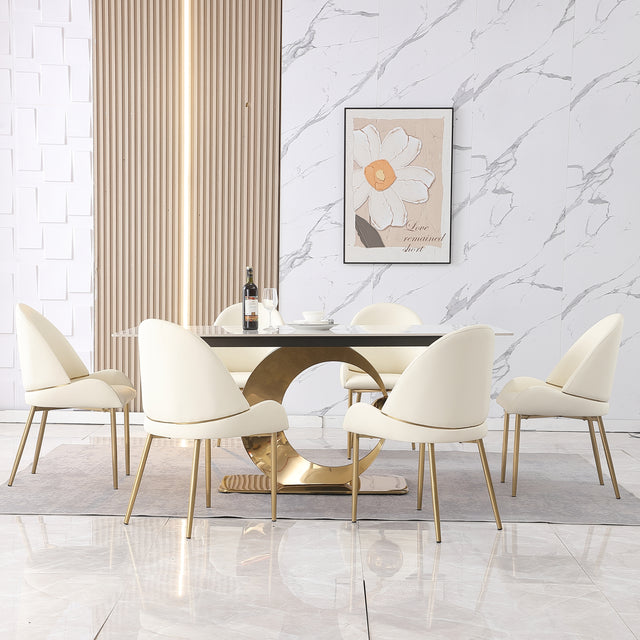 71-Inch Stone DiningTable with Carrara White color and Round special shape stainless steel Gold Pedestal Base