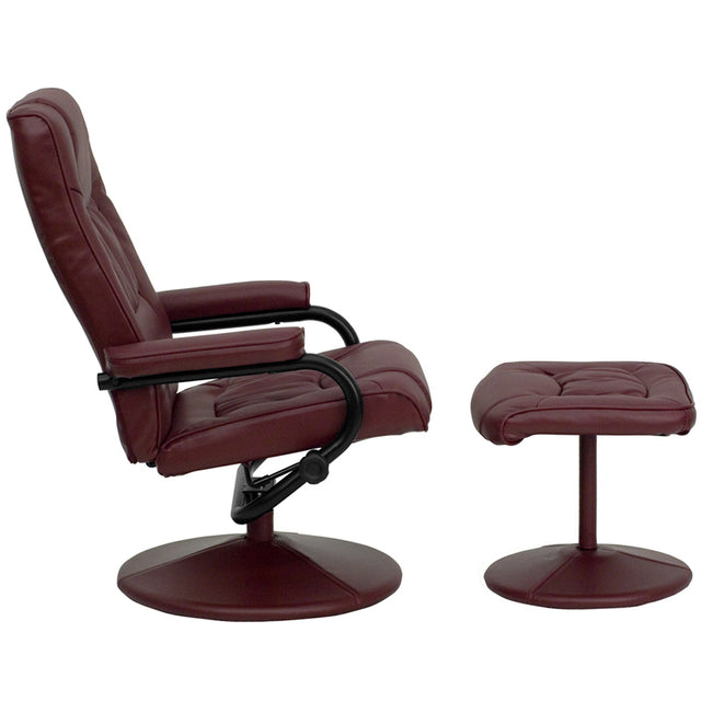 Contemporary Burgundy Leather Recliner and Ottoman with Leather Wrapped Base