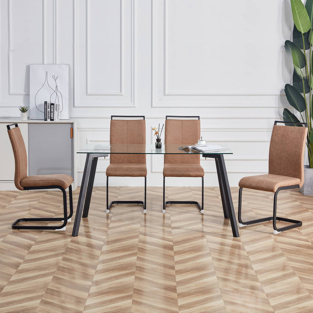 Glass Dining Table and Brown Dining Chair 4-Piece Set  Rectangular 0.31" Tempered Glass Tabletop and Black Coating Metal Dining Table size 47" W x 31"D x 30" H
