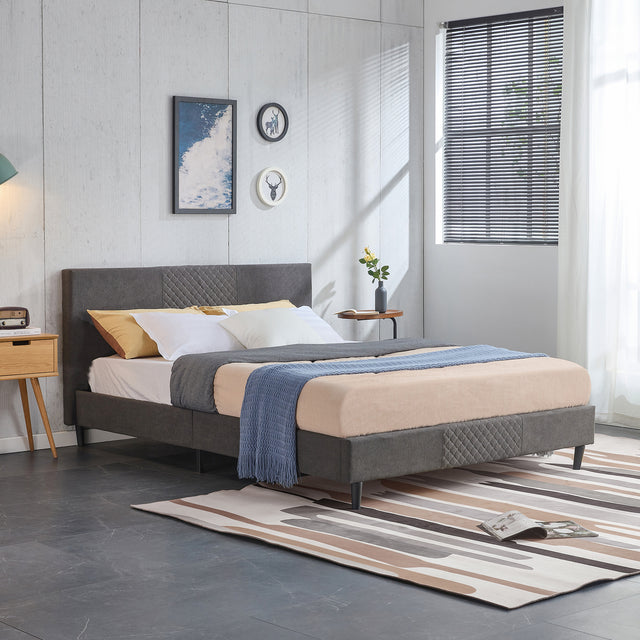 Full Size Platform Bed Frame with Fabric Upholstered Headboard and Wooden Slats Support, Fully Upholstered Mattress Foundation/No Box Spring Needed/Easy Assembly, Dark Grey