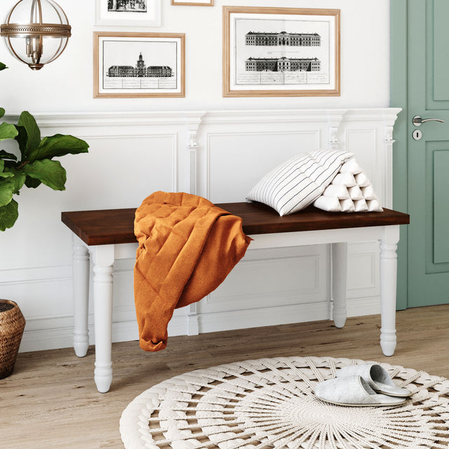 TOPMAX 2-Piece Retro Farmhouse Solid Wood Kitchen Dining Benches Set,Cherry+White