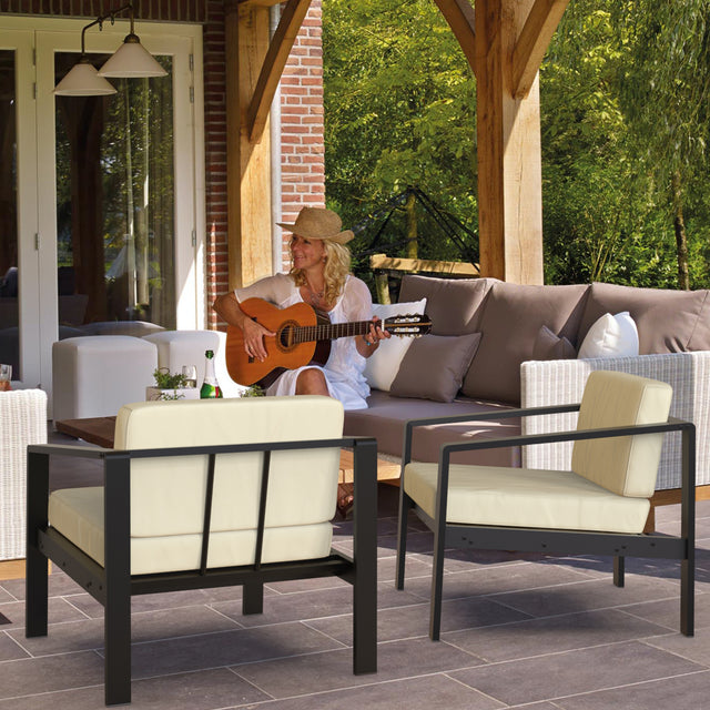 Outdoor Patio Furniture Single Armchair with Cushions in stripe for Restaurant Outdoor courtyard Garden Open-air balcony Poolside,Black aluminum fram,Modern Design