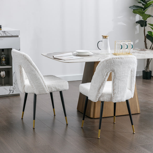 A&A Furniture,Akoya Collection Modern | Contemporary Rabbit Fur Fibre Upholstered Dining Chair with Nailheads and Gold Tipped Black Metal Legs, Cream White，Set of 2