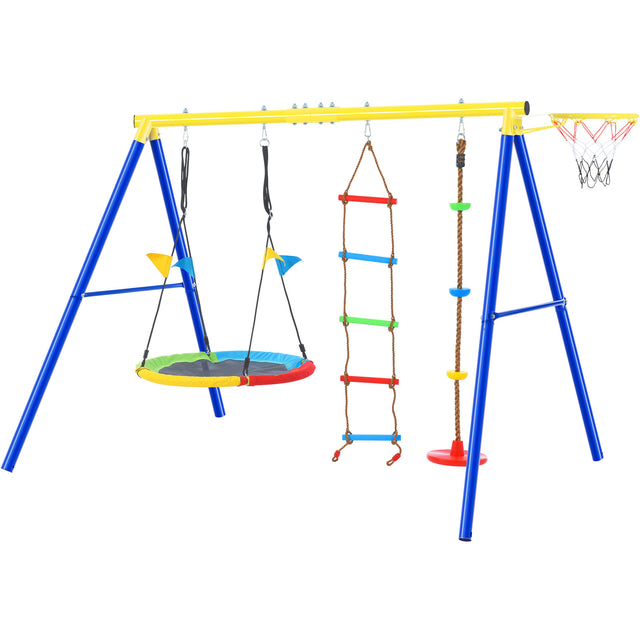 4 in 1 Outdoor Toddler Saucer Swing Set for Backyard, Playground Tree Swing Sets with Steel Frames, Climbing Rope with Disc Tree Swing Playset and Basketball Hoop for Kids