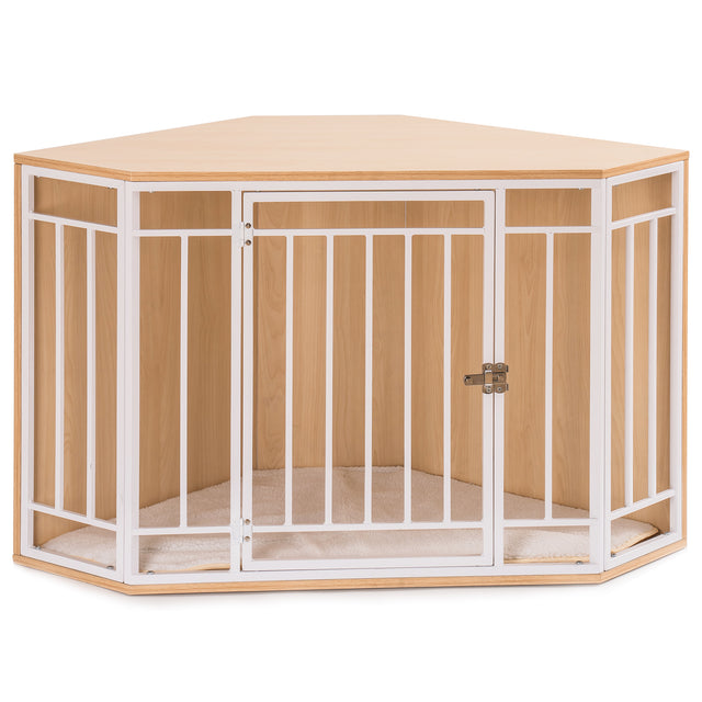 Corner Dog Crate with Cushion, Dog Kennel with Wood and Mesh, Doghouse, Pet Crate Indoor Use