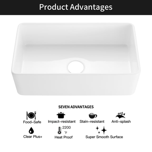 Fireclay Farmhouse Kitchen Sink 36 inch  Single Bowl Apron Sink with Bottom Grid in & Drain , White Color