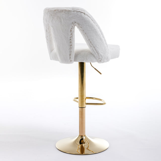 Golden Swivel Velvet Barstools Adjusatble Seat Height from 25-33 Inch, Modern Bar Stool & Counter Stools with Nailheads for Home Pub and Kitchen Island,Set of 2, Faux White Rabbit Hair