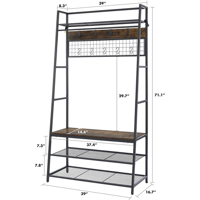 Coat Rack Entryway Organizer/ Hall Tree with Bench, Shoe Storage and Multiple Coat Hooks