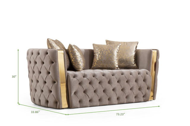 Naomi Button Tufted Loveseat with Velvet Fabric and Gold Accent in Off White