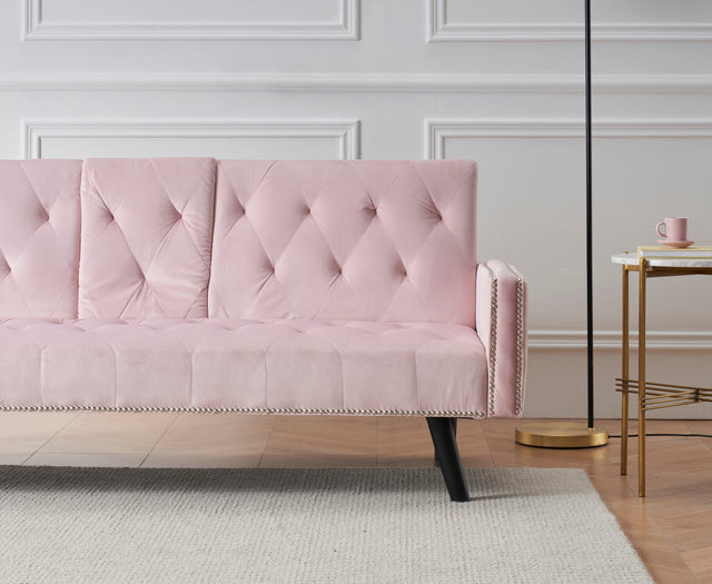 1730 Sofa Bed Armrest with Nail Head Trim with Two Cup Holders 72" Pink Velvet Sofa for Small Spaces