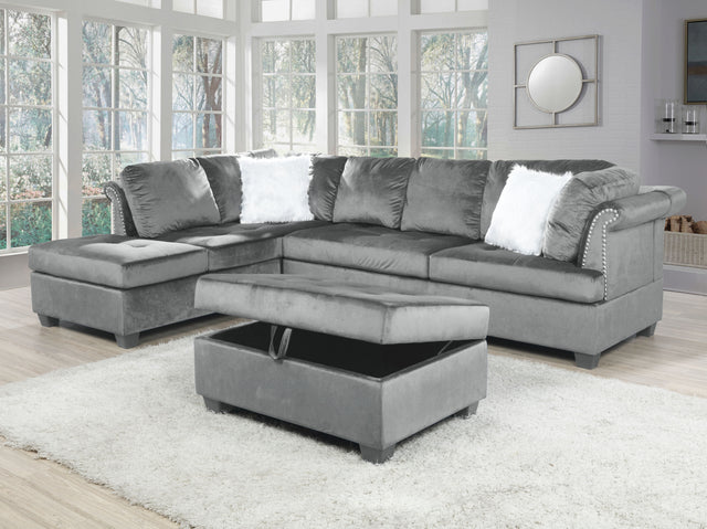 Omega L-Shaped Sectional with Ottoman in Gray Finished with Velvet Fabric