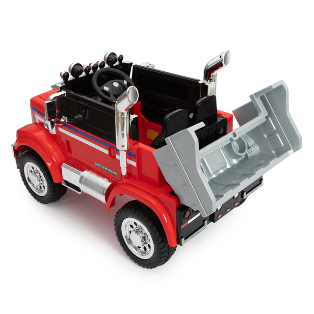 12V Kids Battery Electric Ride On Car Toy, Optimus Prime Truck with Remote Control, Transformers Die-Cast Vehicle W/ Music, Rear Loader, Red