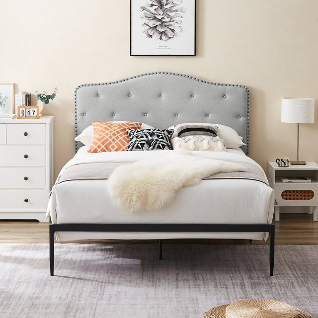 B113 Queen bed, Beautiful headboard with buttons  Strong iron frame with high temperature paint