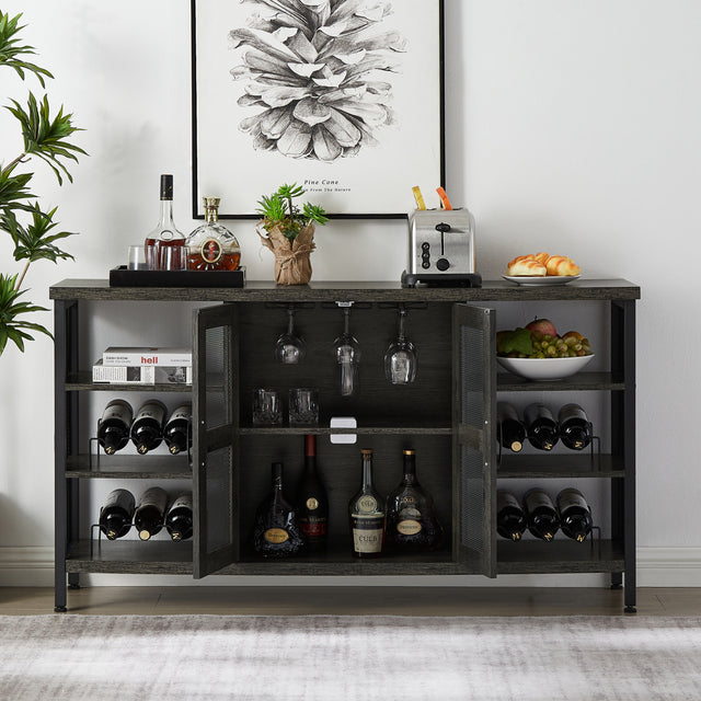 JHX Industrial Wine Bar Cabinet, Liquor Storage Credenza, Sideboard with Wine Racks & Stemware Holder (Dark Grey, 55.12''w x 13.78''d x 30.31' ' h)