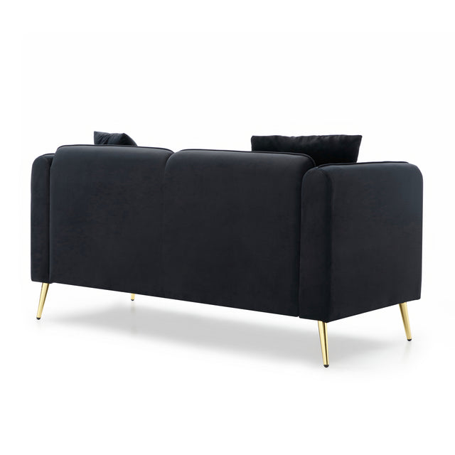 59” Modern Upholstered Velvet Loveseat Sofa 2 Seater Couch with Removable Cushions Side Pocket Mid-Century Tufted Living Room Set Gold Metal Legs ,2 Pillows Included,Black