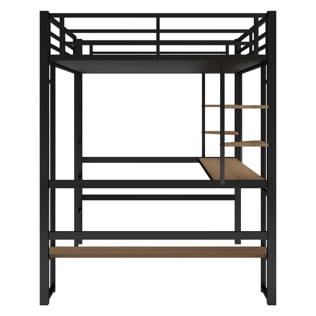 Full Size Loft Metal&MDF Bed with Long Desk and Shelves,Black(OLD SKU:SM000608AAB-1)