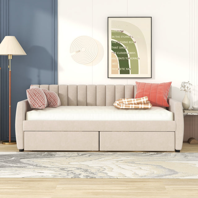 Twin Size Upholstered daybed with Drawers, Wood Slat Support, Beige