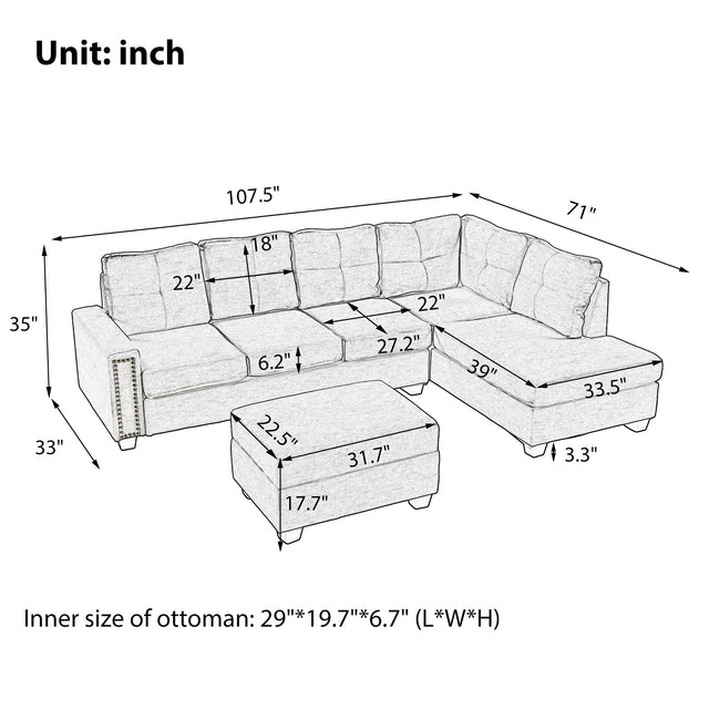 Orisfur. Reversible Sectional Sofa Space Saving with Storage Ottoman Rivet Ornament L-shape Couch for Large Space Dorm Apartment