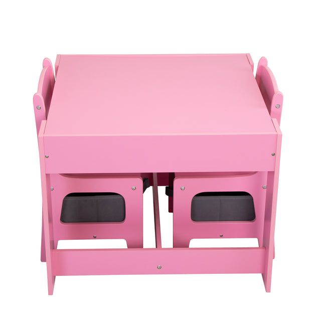 3-in-1 Kids Wood Table and 2 Chairs, Children Activity Table Set with Storage, Blackboard, Double-Sided Table for Drawing,Pink & Gray