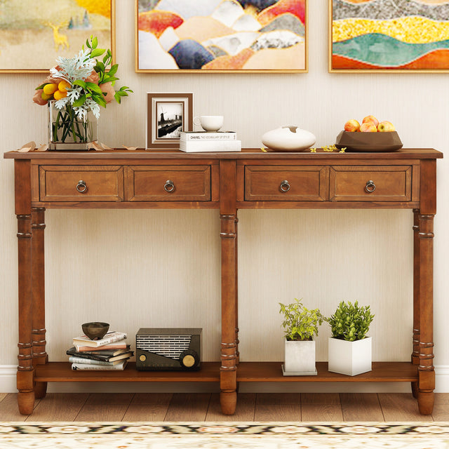 TREXM Console Table Sofa Table for Entryway with Drawers and Long Shelf Rectangular (Antique Walnut)