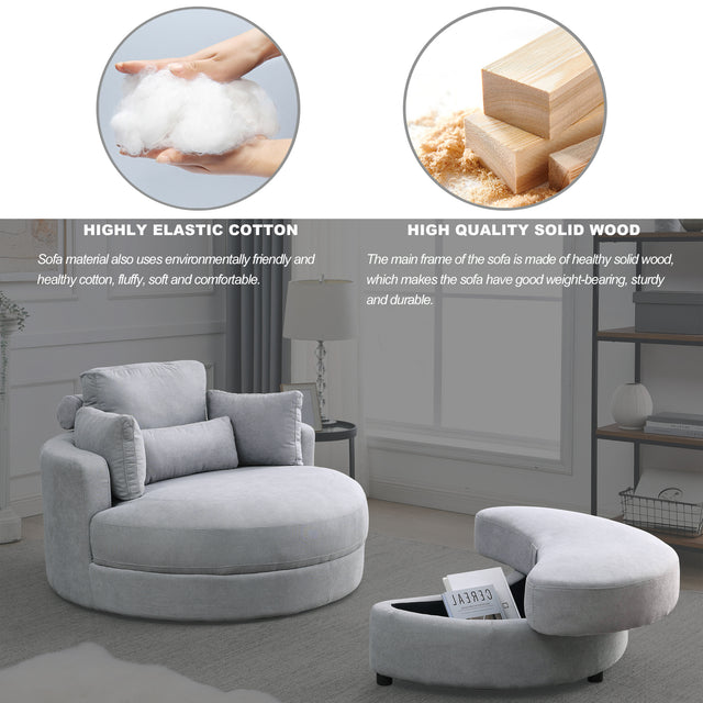[Video] Welike Swivel Accent Barrel Modern Grey Sofa Lounge Club Big Round Chair with Storage Ottoman Linen Fabric for Living Room Hotel with Pillows