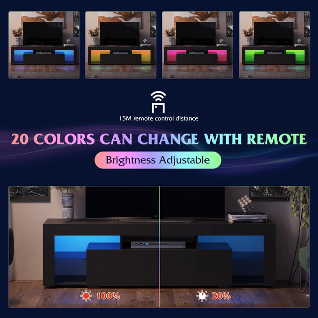 LED TV Stand for 60/65/70 Inch TV, Entertainment Center with Open Shelves, TV Console with 2 Storage Drawers for Bedroom, Living Room, Media Stand with Display Glass, Black