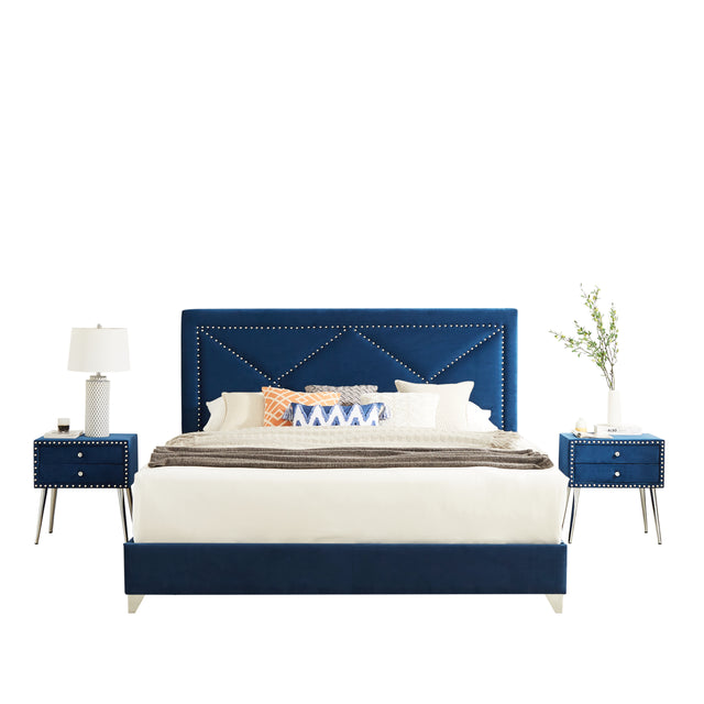 B109 King bed with two nightstands,Beautiful brass studs adorn the headboard, strong wooden slats + metal legs with Electroplate