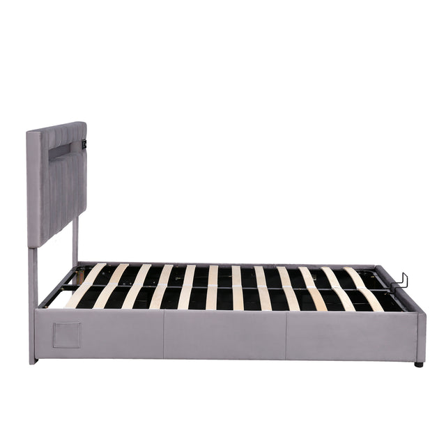 Upholstered Bed Full Size with LED light, Bluetooth Player and USB Charging, Hydraulic Storage Bed in Gray Velvet Fabric