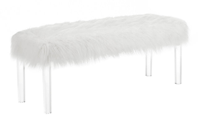 1-Pc Casual White Bench Faux Fur Seat Glam Accent